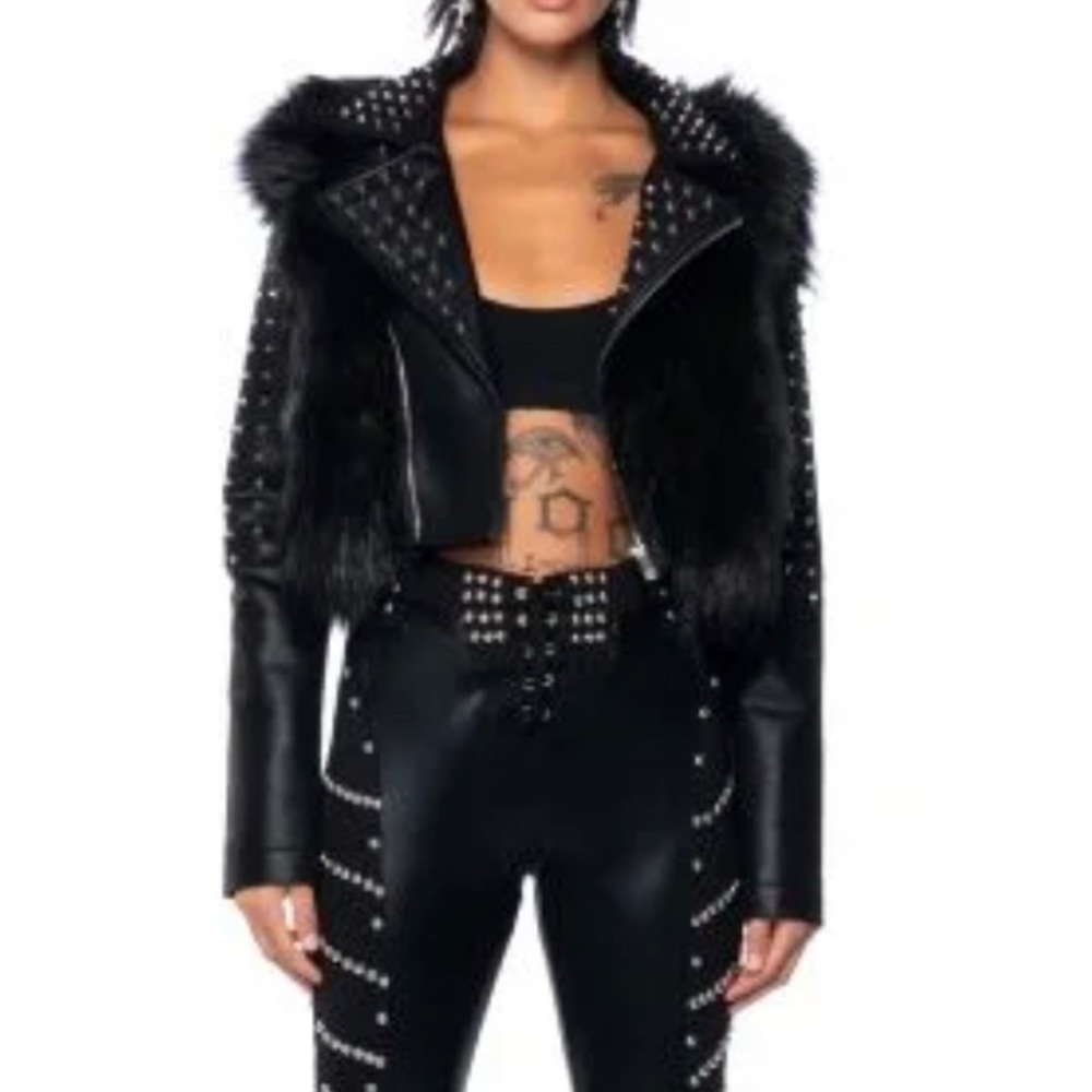 Studded faux fur/ faux leather jacket